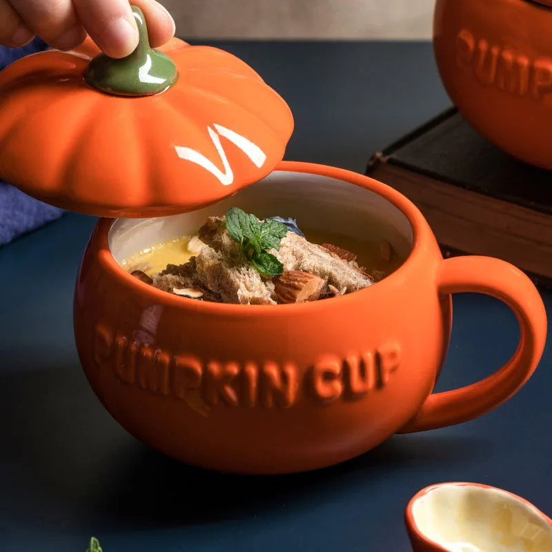

осђда кеѬамиеская посђда Pumpkin Cup Ceramic Water Cup With Lid Mug Big Capacity Home Coffee Cups Breakfast Cup And Spoon Cute